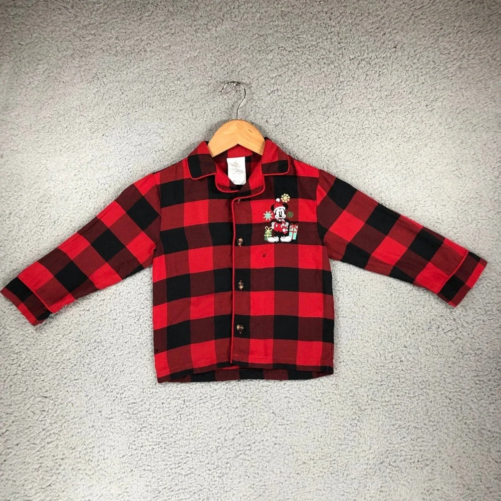 Disney Mickey Mouse Christmas Pajama Top Red Black Buffalo Plaid Toddler Size 3